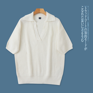 K5867外贸欧美单女士短袖针织衫秋季新款翻V领套头宽松时尚上衣