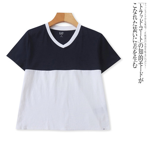 O5278外贸欧美单女生短袖T恤夏季新款V领套头宽松拼色短款上衣