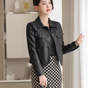 翻领纽扣短款 外贸日单时尚 新款 皮衣外套2025秋季 洋气上衣 气质女装