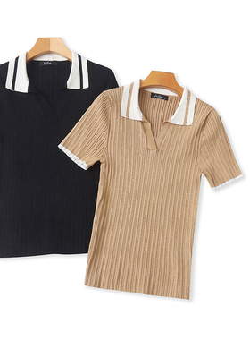 F1215外贸欧美单女士短袖针织T恤衫新款翻领套头拼色修身百搭上衣