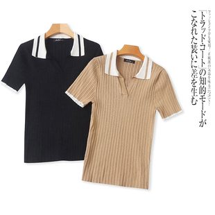 F1215外贸欧美单女士短袖针织T恤衫新款翻领套头拼色修身百搭上衣