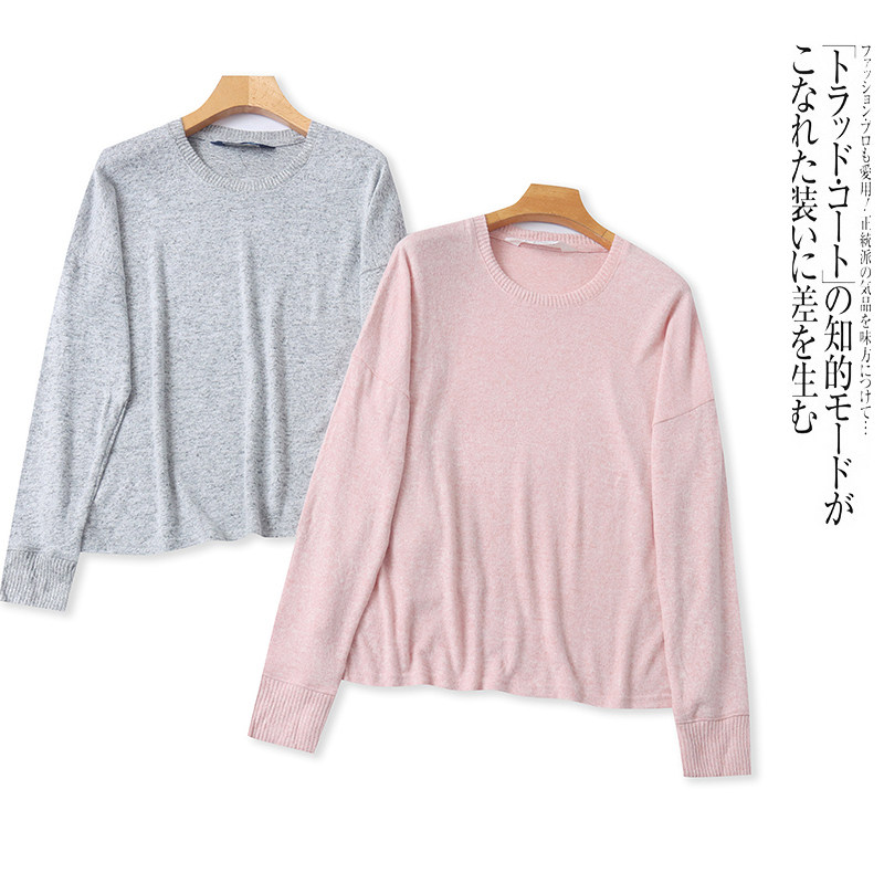 F2017外贸欧美单薄款针织衫新款圆领套头宽松纯色女士时尚上衣