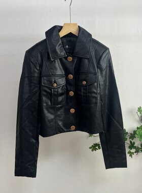 D6989外贸欧美小香风女士皮衣外套秋季新款翻领纽扣修身短款上衣