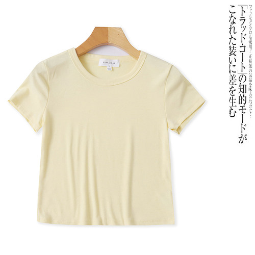 D5299外贸欧美单小女生短款高腰T恤夏季新款圆领纯色修身百搭短袖