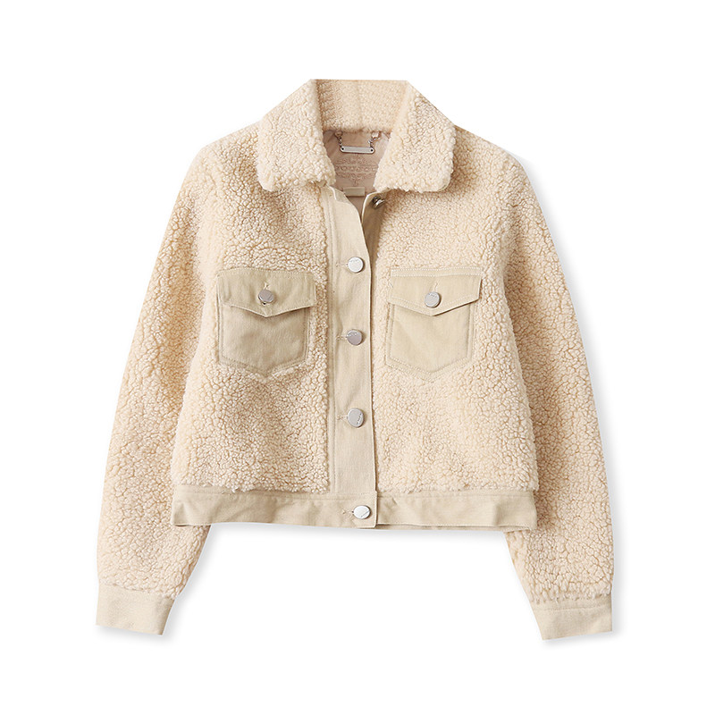 外贸欧美单女生加厚外套2025秋季新款翻领纽扣羊羔绒拼色短款上衣,女装/女士精品,短外套,淘宝优惠券,粉丝福利购,淘宝优惠卷