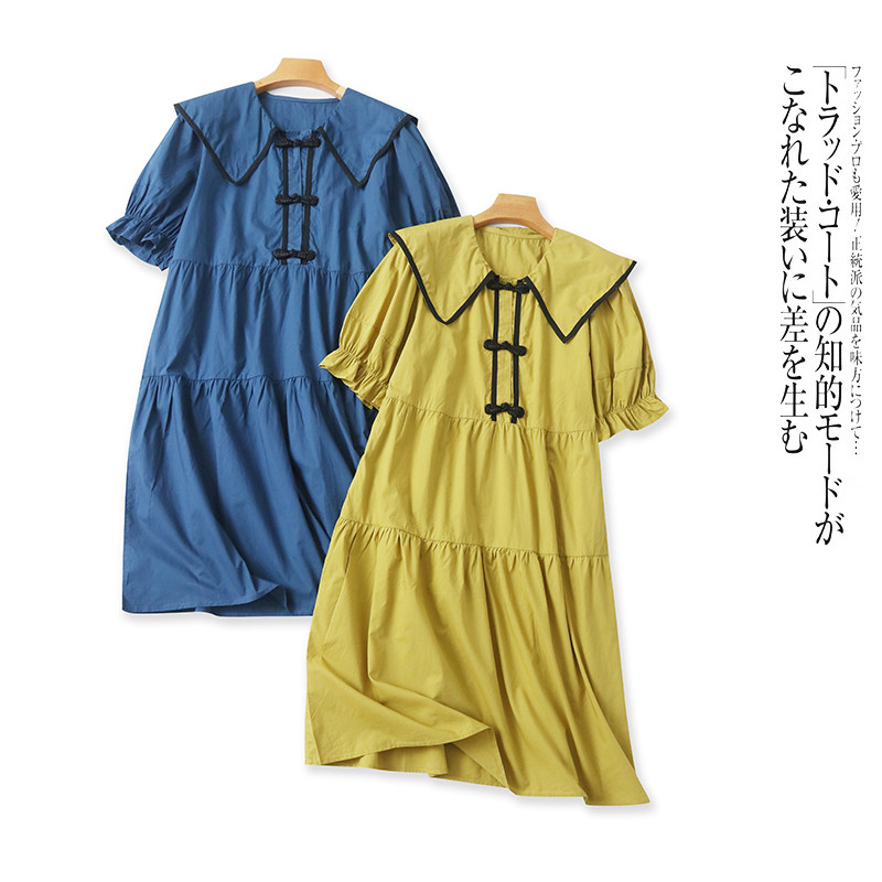 外贸韩版甜美小女生连衣裙夏季新款娃娃领盘扣时尚宽松显瘦中长裙