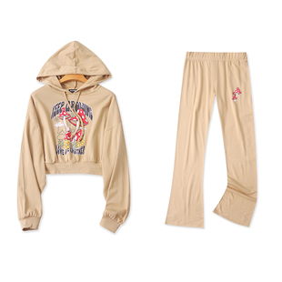 两件套 连帽上衣加绒松紧腰微喇裤 外贸欧美女生卫衣套装 新款