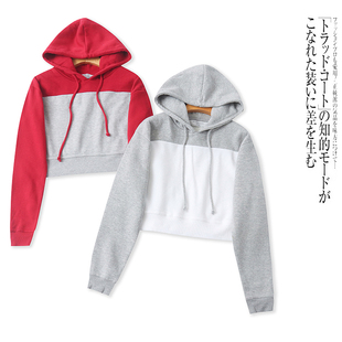 B5898外贸欧美单短款高腰加绒卫衣新款连帽宽松时尚女生加厚上衣