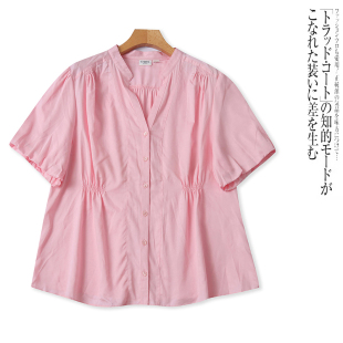 CC8520外贸欧美大码女装短袖衬衫夏季V领纽扣收腰显瘦胖MM衬衣