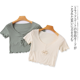 圓領(lǐng)彈力修身 時尚 高腰T恤夏季 百搭短袖 上衣 新款 外貿(mào)歐美女生短款