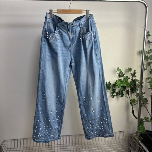 HH8560外贸欧美单女士牛仔裤高腰垂感重工镶钻宽松直筒阔腿裤