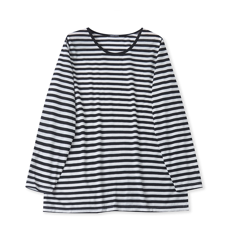 U2532外贸日单女士大码胖MM打底衫新款圆领套头条纹拼色百搭上衣