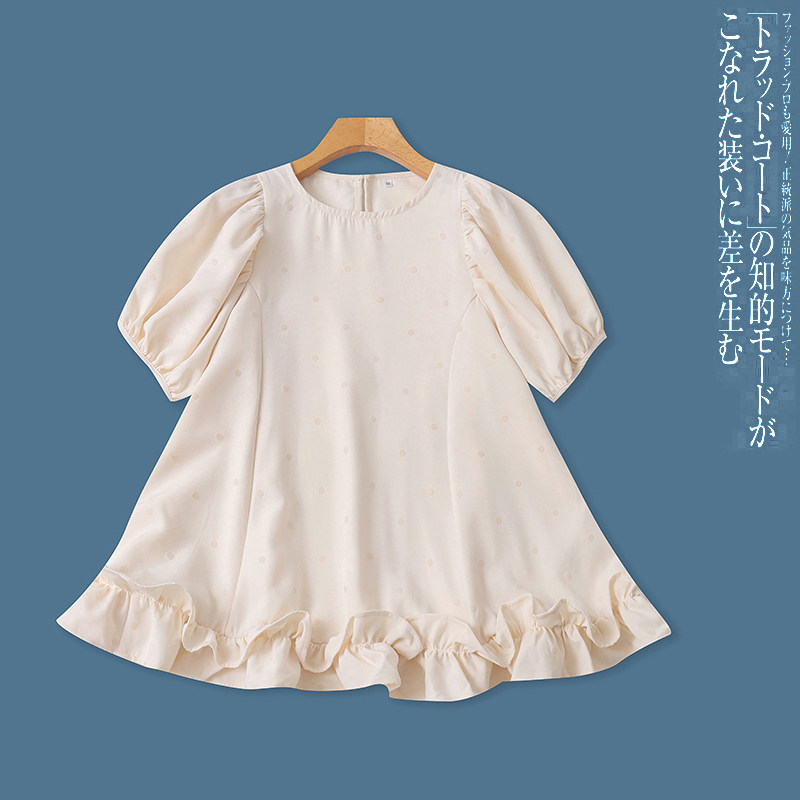 II5280外贸日单甜美女生短袖上衣夏季圆领波点泡泡袖荷叶边娃娃衫