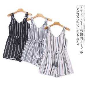 外贸欧美单女士连衣短裤夏季新款V领收腰系带条纹拼色背带阔腿裤