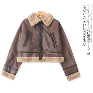 U0965外贸欧美单女士皮毛一体加厚外套新款翻领加绒短款时尚上衣