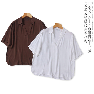 U2378外贸欧美单女士短袖衬衫夏季新款翻V领套头宽松休闲衬衣