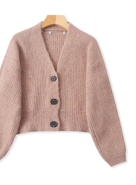 N1289外贸欧美单时尚女士短款针织开衫早春新款V领纽扣宽松上衣