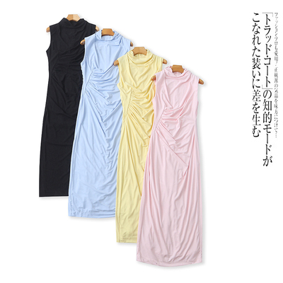 U7841外贸欧美女士无袖连衣裙春夏新款自由圆领纯色气质修身长裙