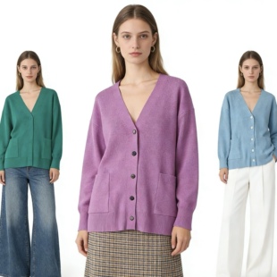 V4885外贸日单女士针织开衫新款V领单排扣宽松慵懒风纯色百搭上衣