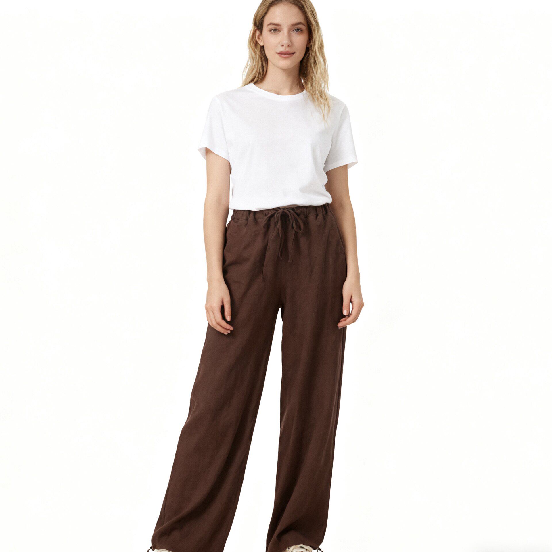 F5985外贸欧美女士亚麻休闲裤春季新款松紧腰系带宽松直筒裤长裤 - 南通不二外贸服装批发出品