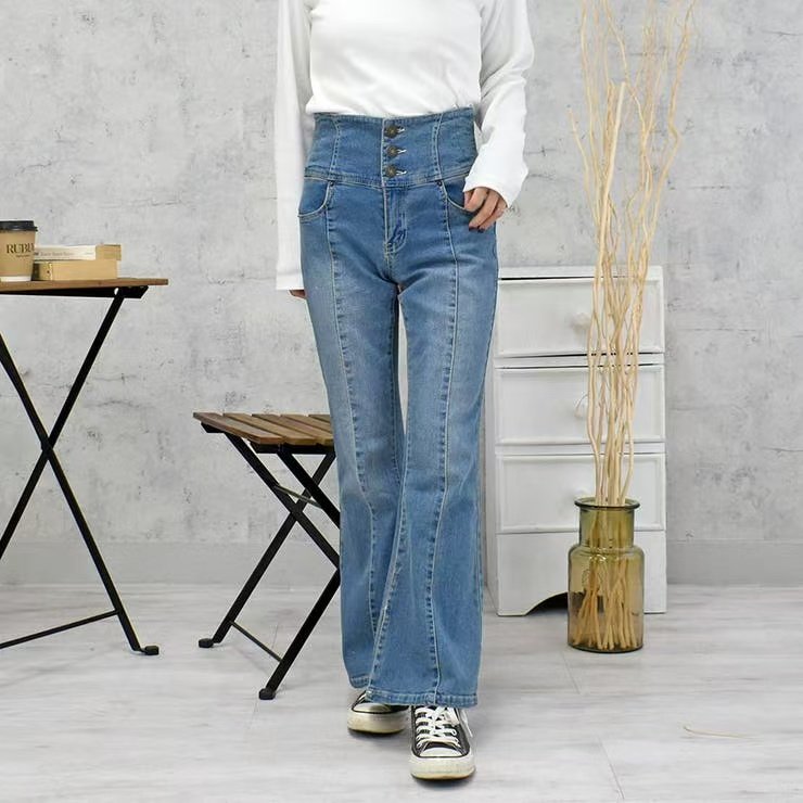 外贸日单女装牛仔裤秋季新款高腰三粒扣开叉喇叭裤修身显瘦长裤