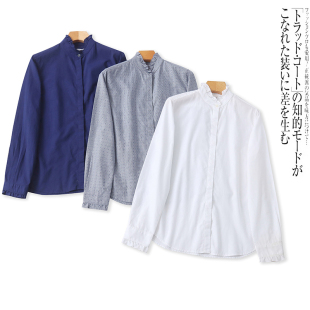 B4430外贸欧美女士衬衫新款花边立领暗扣时尚通勤风休闲长袖衬衣