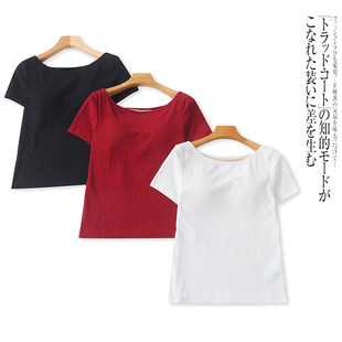 时尚 圆领套头连文胸修身 上衣 T恤春夏新款 B5262外贸日单女士短袖