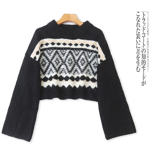 S9562外贸欧美女士短款高腰毛衣新款复古提花宽松圆领阔袖针织衫