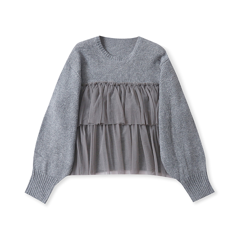 外贸日单女士针织衫秋季新款圆领套头网纱花边拼接时尚洋气毛衣