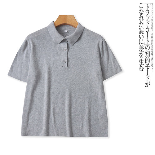 II5269外贸日单Polo 领针织短袖T恤女夏季薄款冰丝翻领宽松上衣