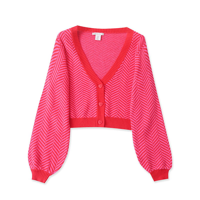 CC4295外贸欧美单女士针织开衫秋冬季新款V领单排扣拼色短款毛衣