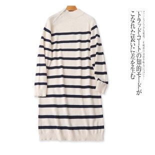 外贸欧美单时尚 半高领显瘦宽松慵懒连衣裙 条纹拼色针织裙秋冬新款