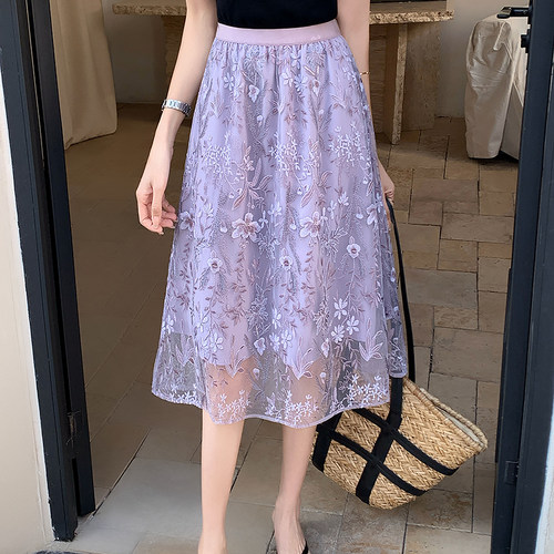 法式蕾丝刺绣半身裙网纱百褶裙女