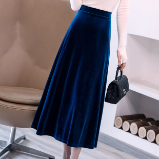 金丝绒半身裙女新款裙子秋冬大摆裙a字裙显瘦中长款长裙蓝色半裙