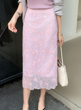 蕾丝半身裙大码刺绣钩花2025新款 a字裙春夏裙子网纱长裙女包臀裙