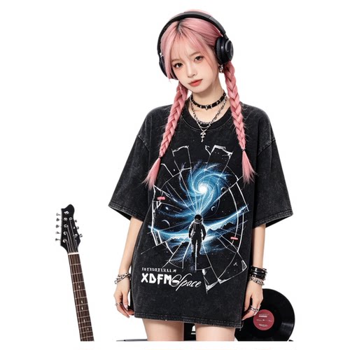XDFM美式星际穿越破碎短袖T恤男女同款oversize水洗做旧印花上衣
