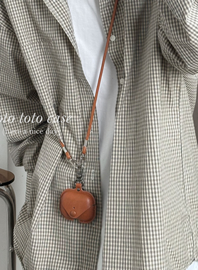 小众复古棕色皮质Airpodspro2耳机套适用苹果1/2代无线保护套Airpods3/4代秋冬新款一体式pro3斜跨耳机保护套