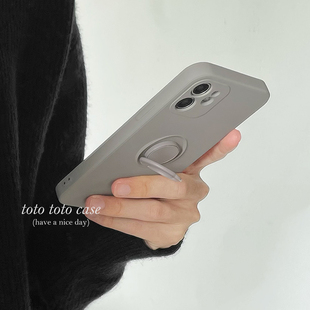 简约复古灰指环支架手机壳适用iPhone13promax苹果14pro/11全包12