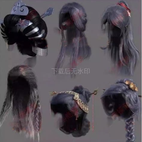3d古代头发古风女人发型maya影视武侠仙侠人物头发高模fbx带贴图