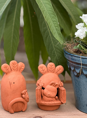 兔子萝卜屋纯手工红陶花园花盆小摆件粗陶绿植阳台可爱多肉