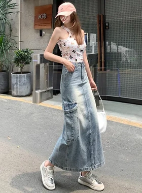 开叉包臀裙夏季高腰设计感牛仔裙中长款美式工装复古女半身裙新款