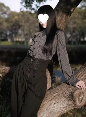 套装黑白秋季衬衫2025哥特黑色复古条纹+长裤女阔腿气质宽松