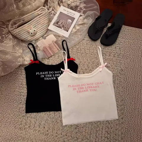 女蝴蝶结印花甜kumikumi吊带字母欲短款风修身夏季纯上衣背心辣妹图片