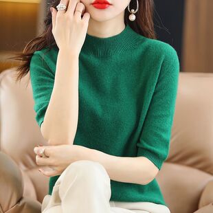 常规简约秋冬新款中领毛衣女套头针织衫内搭五分短袖大码