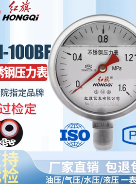 红旗仪表 不锈钢耐震压力表 Y-100BFZ YTN-100BF 耐高温耐酸碱 全