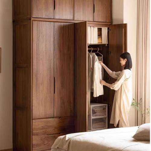红橡木衣柜全实木衣橱北欧卧室移门家用对开门收纳柜子衣橱储物柜