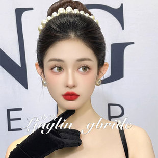 新款新娘珍珠发箍白色串珠发饰爱心气质新潮头饰套装名媛大气配饰