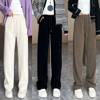 加绒欧棉绒窄版直筒裤女秋冬季高腰垂感宽松显瘦遮胯百搭休闲裤子