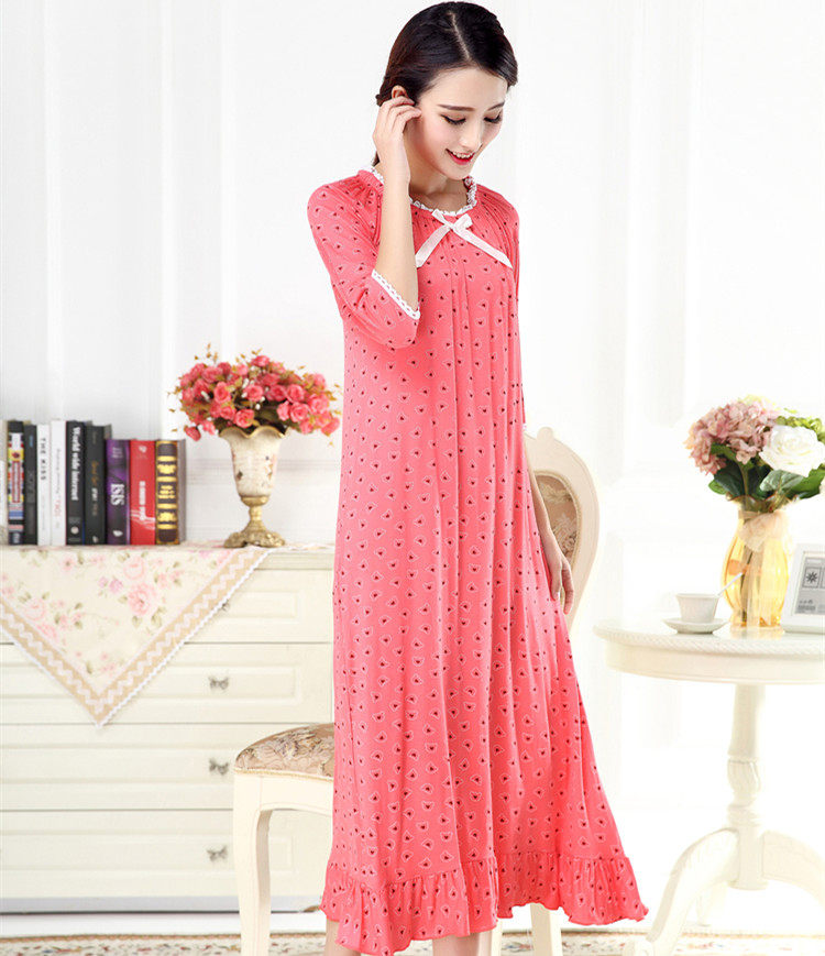 春夏秋季女士纯棉中袖莫代尔宫廷公主长款大码睡裙睡衣家居服