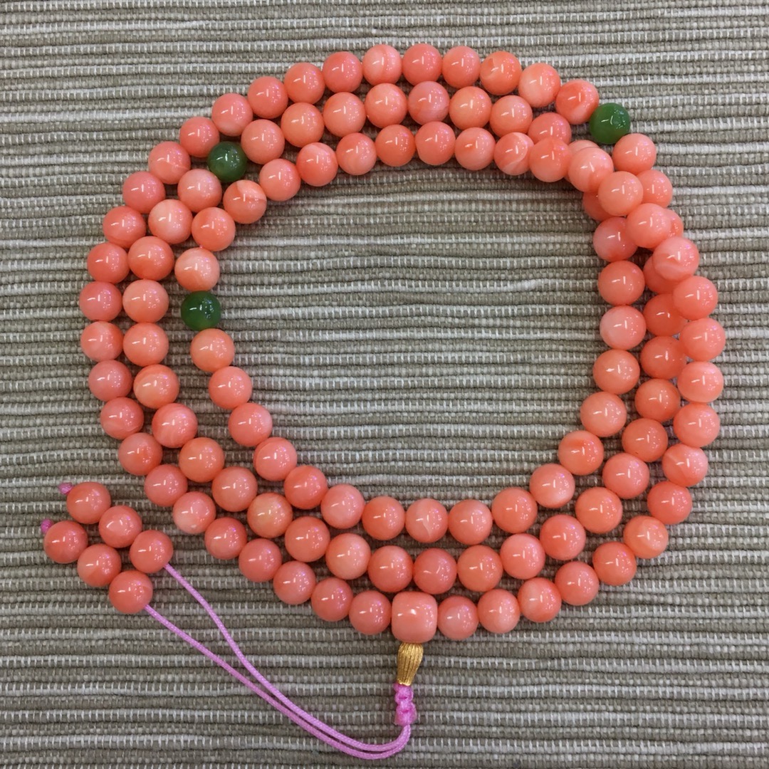 七宝珊瑚：粉珠108佛珠 品相干净，细节如图 尺寸5～5.4mm